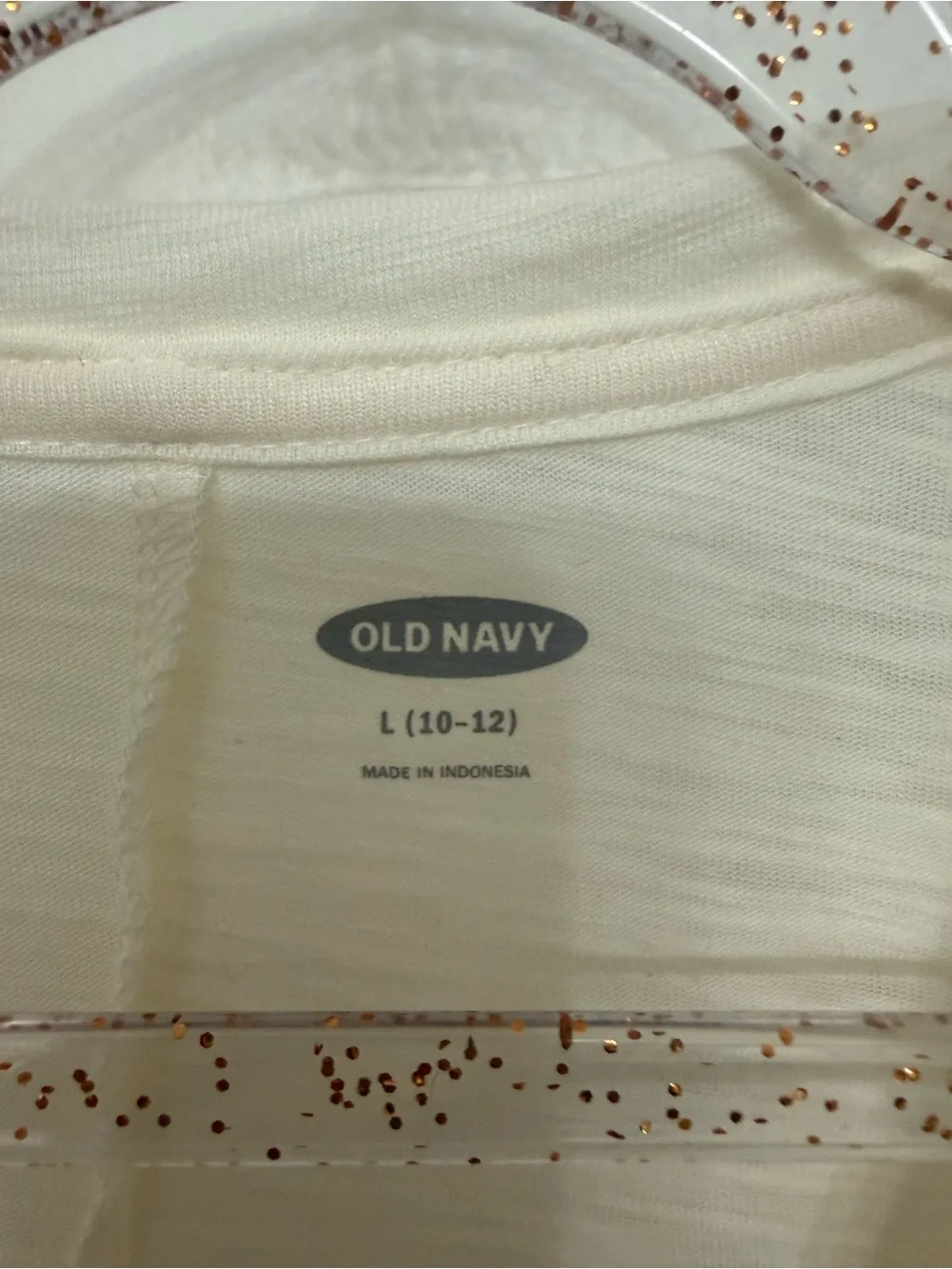 Old Navy Cream Long-Sleeve Tee with Black Text and Gold Stars